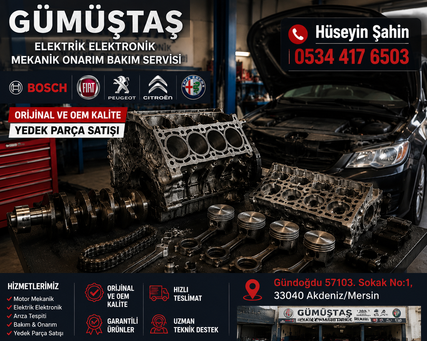 Gümüştaş Elektrik Elektronik Mekanik Onarım Bakım Servisi Bosch, Fiat, Peugeot, Citroën ve Alfa Romeo araçlar için yedek parça satışı, motor parçaları