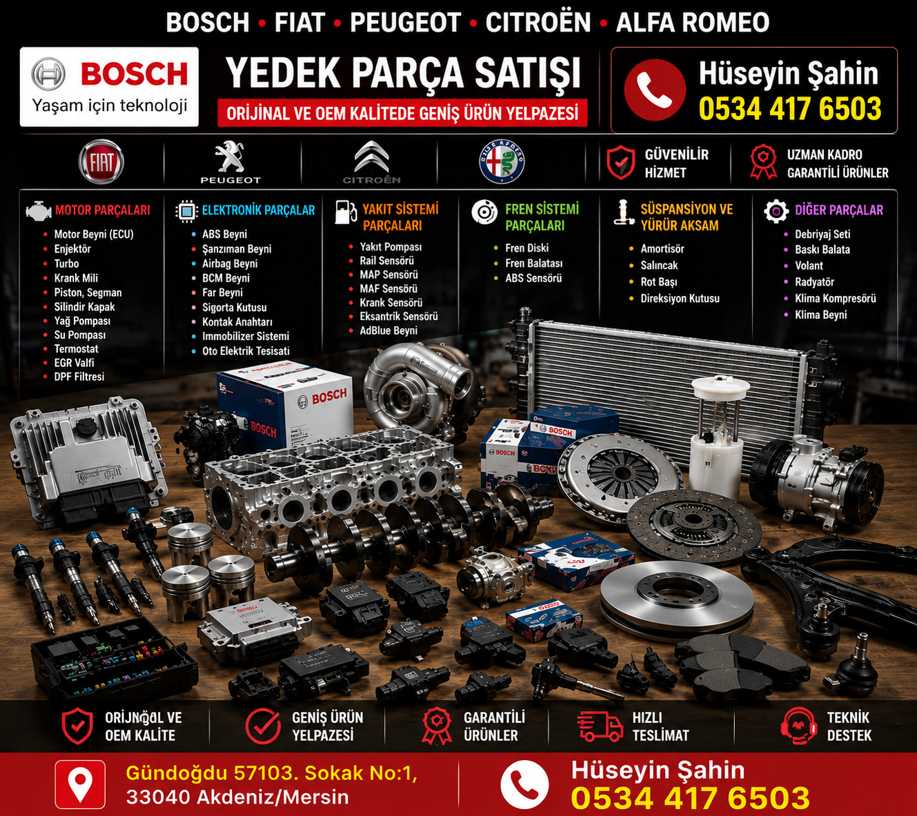 Bosch, Fiat, Peugeot, Citroën ve Alfa Romeo araçlar için yedek parça satışı yapılan Gümüştaş Elektrik Elektronik Mekanik Onarım Bakım Servisi reklam görseli, motor ve araç parçaları